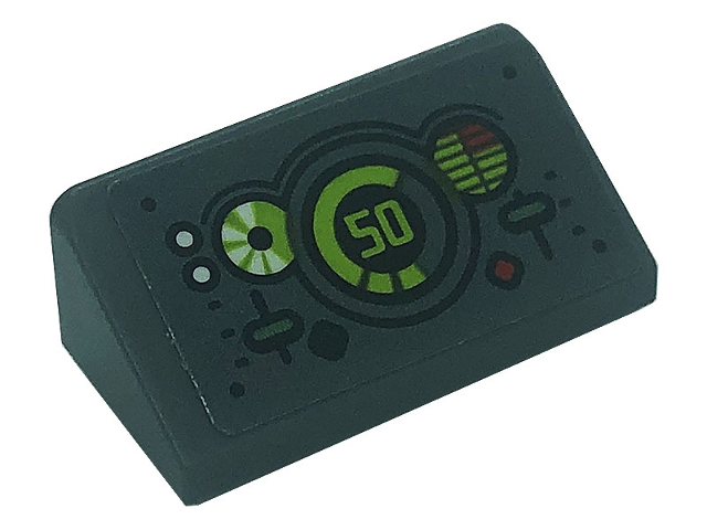 Lego Slope 30 1 x 2 x 2/3 with Control Panel with Buttons, Levers and Speedometer with Lime Number 50 Pattern (Sticker) - Set 71745 / Dark Bluish Gray