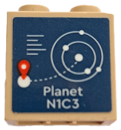 Lego Brick, Modified 1 x 2 x 1 2/3 with Studs on Side with Dark Blue Screen with White Orbiting Planets, 'Planet N1C3' and Red Marker Pattern (Sticker) - Set 42602