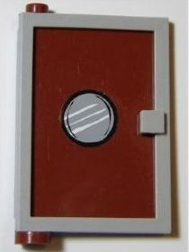 Lego Door 1 x 4 x 5 Left with Reddish Brown Glass with Porthole Pattern (Sticker) - Set 4981 / Light Bluish Gray