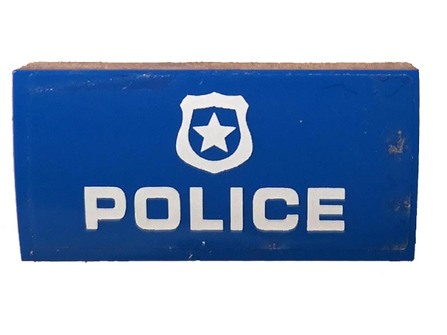 Lego Slope, Curved 2 x 4 x 2/3 with Bottom Tubes with White 'POLICE' and Star Badge Logo Pattern (Sticker) - Set 60172 / Blue