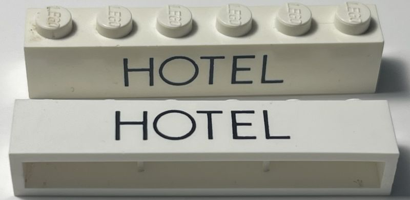 Lego Brick 1 x 6 without Bottom Tubes with Cross Side Supports with Black 'HOTEL' Sans-Serif Thin (Letters Close) Pattern