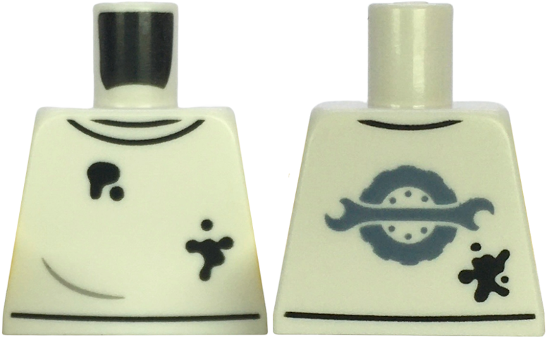 Lego Torso Shirt with Black Oil Stains, Sand Blue Spanner Wrench and Wheel with Tire Logo on Back Pattern / White