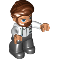 Lego Duplo Figure with Hair Swept Right with Beard Reddish Brown, with Black Legs, Suspenders Print / White