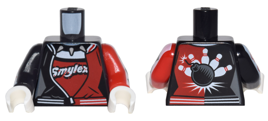 Lego Torso Female Outline, Black and Red Bowling Jacket Pattern / Red Arm Left with Diamonds Pattern / Black Arm Right with Creatures Pattern / White Hands