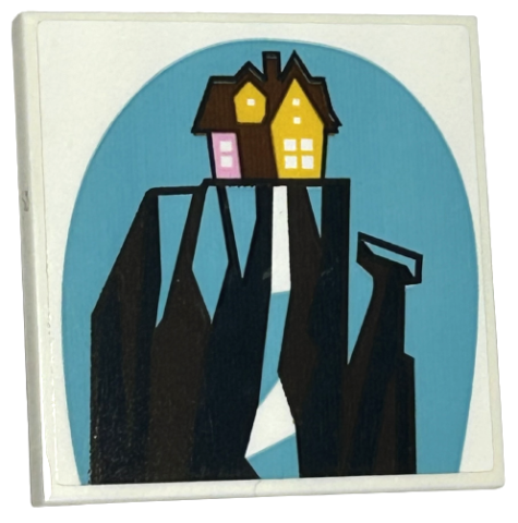 Lego Tile 4 x 4 with Dark Brown, Bright Light Orange and Bright Pink House on Cliff with Waterfall on Medium Azure Background Pattern (Sticker) - Set 43217