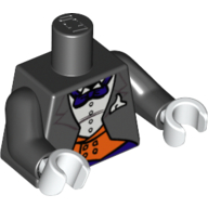 Lego Torso Suit with Orange Vest, Purple Bow Tie Print, Black Arms, White Hands