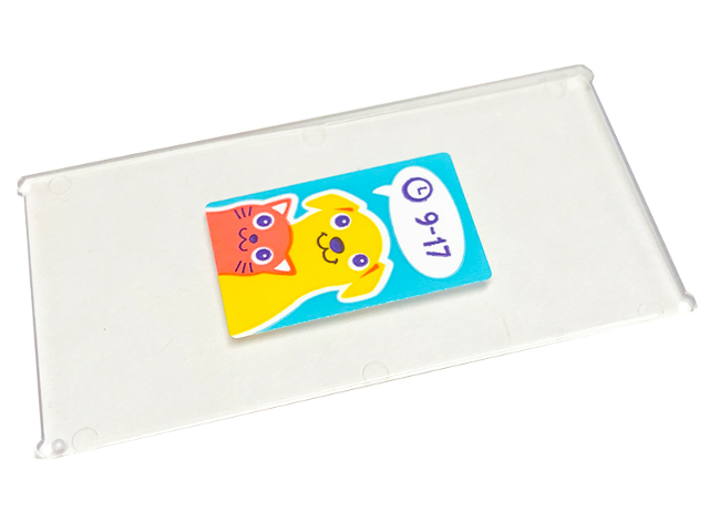 Lego Glass for Window 1 x 4 x 6 with Coral Cat, Yellow Dog, Dark Purple '9-17' and Clock on Medium Azure Background Pattern (Sticker) - Set 41699