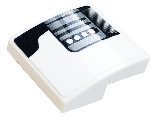 Lego Slope, Curved 2 x 2 x 2/3 with Air Flow, Black Stripes and 4 White Dots Pattern Model Left Side (Sticker) - Set 76896 / White