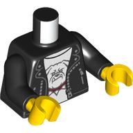 Lego Torso Leather Jacket, White Trim, White Shirt with Bulldog Print, Black Arms, Yellow Hands / Black