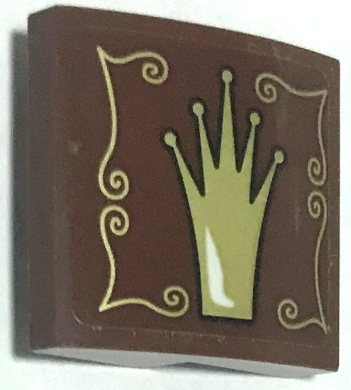 Lego Slope, Curved 2 x 2 x 2/3 with Gold Crown and Scrollwork Pattern Model Left Side (Sticker) - Set 75826 / Reddish Brown