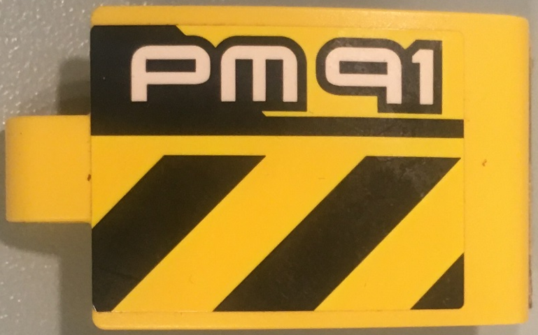Lego Technic, Panel Curved 3 x 5 x 3 with 'PM91' and Black and Yellow Danger Stripes Pattern Model Left Side (Stickers) - Set 42049 / Yellow
