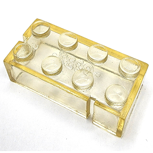 Lego Brick 2 x 4 without Bottom Tubes, Slotted (with 2 slots, opposite corner right) / Trans-Clear