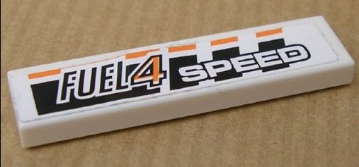 Lego Tile 1 x 4 with 'FUEL4 SPEED' on Black and Orange Stripes Pattern (Sticker) - Set 8135 / White