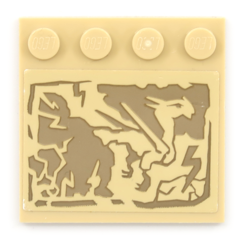 Lego Tile, Modified 4 x 4 with Studs on Edge with Dark Tan Cracked Rock Dragon Pattern (Sticker) - Set 70655 / Tan