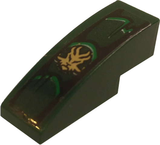 Lego Slope, Curved 3 x 1 with Scales and Gold Lion Head Pattern (Sticker) - Set 70593 / Dark Green