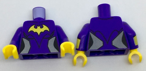 Lego Torso Female Outline with Yellow Bat and Silver Side Trim Pattern / Dark Purple Arms with Yellow Cuffs Pattern / Yellow Hands