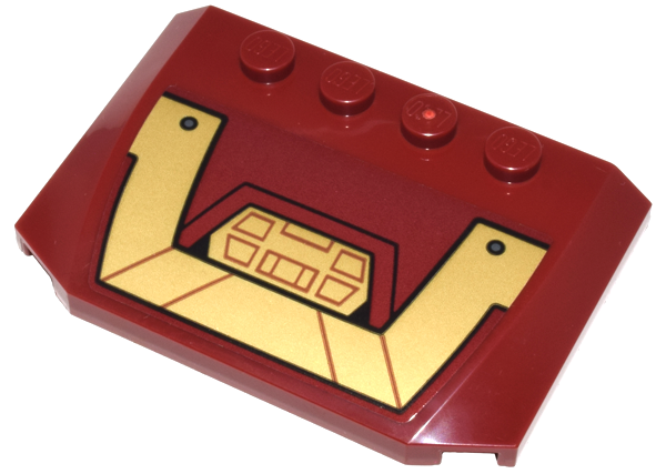 Lego Wedge 4 x 6 x 2/3 Triple Curved with Gold Panels with Dark Orange Lines and Shapes and Dark Bluish Gray Rivets Pattern (Sticker) - Set 76210 / Dark Red