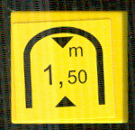 Lego Tile 2 x 2 with Black Triangles and '1,50 m' Tunnel Low Clearance Warning Pattern (Sticker) - Set 8364