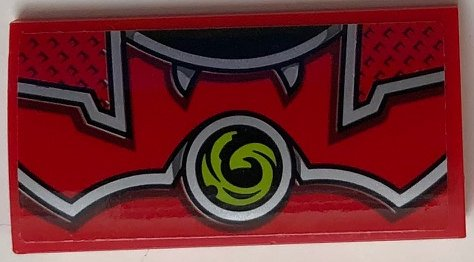 Lego Slope, Curved 2 x 4 x 2/3 with Bottom Tubes with Red and Silver Armor and Lime Swirl Symbol Pattern (Sticker) - Set 70669 / Red
