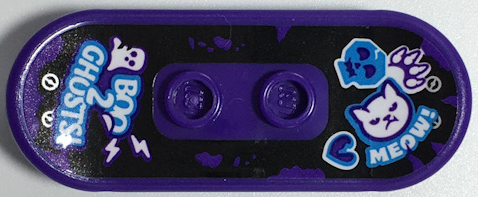 Lego Minifigure, Utensil Skateboard Deck with 'BOO 2 GHOSTS!', Ghost, Lightning Bolts, Skull, Cat Head, Paw Print, Heart, and 'MEOW!' Pattern (Sticker) - Set 70430 / Dark Purple