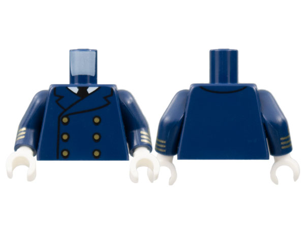 Lego Torso Double Breasted Jacket, White Collar, Black Tie, 6 Gold Buttons Pattern / Dark Blue Arms with 3 Gold Stripes Pattern / White Hands