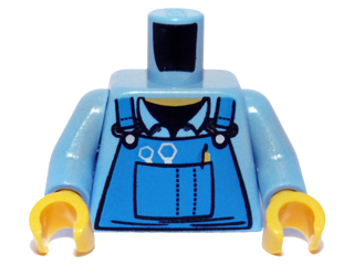 Lego Torso Mechanic Overalls with Silver Wrenches and Fasteners, Yellow Pen, and Black Undershirt Pattern / Medium Blue Arms / Yellow Hands