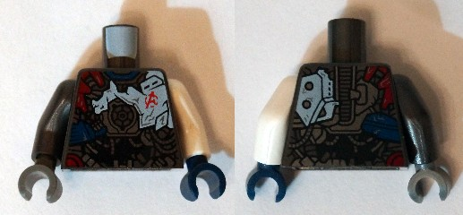 Lego Torso Black, Dark Red, and Dark Blue Armor with Red Avengers Logo Pattern (Ultron MK1) / White Arm Left / Pearl Dark Gray Arm Right / Dark Blue Hand Left / Dark Bluish Gray Hand Right
