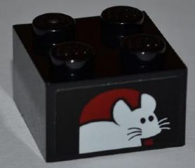 Lego Brick 2 x 2 with White Mouse Pattern (Sticker) - Set 7637 / Black