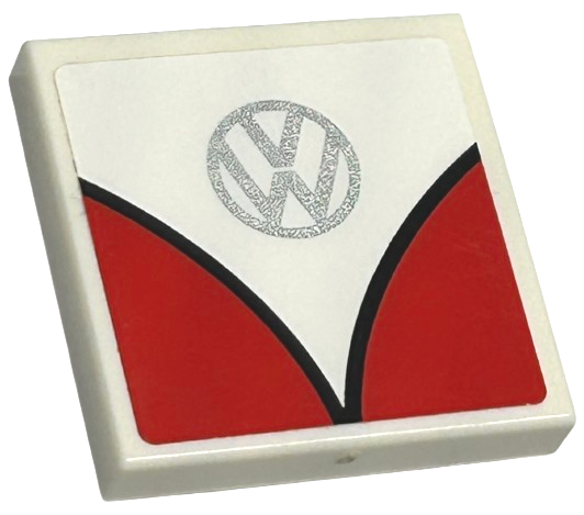 Lego Tile 2 x 2 with Silver Volkswagen Logo 'VW' and Red Curves with Black Outline Pattern (Sticker) - Set 40079 / White