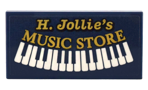Lego Tile 2 x 4 with Gold 'H. Jollie's MUSIC STORE' and White Piano Keys Pattern (Sticker) - Set 10308 / Dark Blue