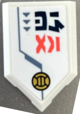 Lego Tile, Modified 2 x 3 Pentagonal with Gold Armor, Light Bluish Gray Line and Triangles, Coral and Dark Blue Ninjago Logogram 'SORA' Pattern Model Left Side (Sticker) - Set 71792