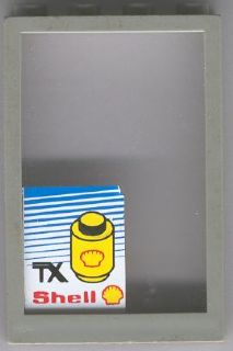 Lego Window 1 x 4 x 5 with Fixed Glass with 'TX', Shell Logo and Yellow 1 x 1 Round Brick on Blue Striped Background Pattern (Sticker) - Set 6378