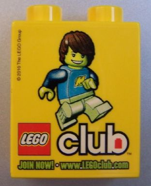 Lego Duplo, Brick 1 x 2 x 2 with LEGO Club Join Now! Pattern (US issue) / Yellow
