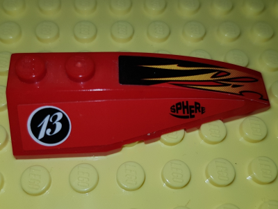Lego Wedge 6 x 2 Right with Orange and Black Flames, Black 'SPHERE' and White '13' Pattern (Stickers) - Set 8863 / Red