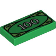 Lego Tile 1 x 2 with '100' Banknote Print / Green