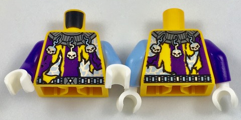 Lego Torso Tattered Purple-Striped Shirt, Jester's Collar with Skulls and Lightning Pattern / Bright Light Blue Arm Left / Dark Purple Arm Right / White Hands