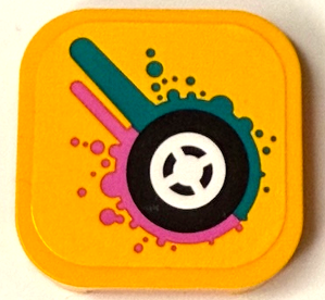 Lego Tile, Modified 4 x 4 with Rounded Corners and 4 Feet with Black Tire, White Wheel, Dark Pink and Dark Turquoise Paint Splotches Pattern (Sticker) - Set 60389 / Bright Light Orange