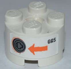 Lego Brick, Round 2 x 2 with Axle Hole with Filler Cap, Orange Arrow and Black 'GAS' Pattern (Sticker) - Set 8958 / White