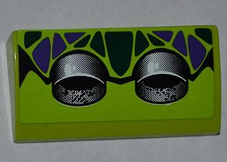 Lego Slope, Curved 2 x 4 x 2/3 with Bottom Tubes with Dark Green and Dark Purple Scales and 2 Exhaust Pipes Pattern (Sticker) - Set 9445 / Lime