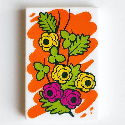 Lego Tile 2 x 3 with Orange Paint, Magenta and Yellow Flowers, Lime Leaves (Painting) Print / White