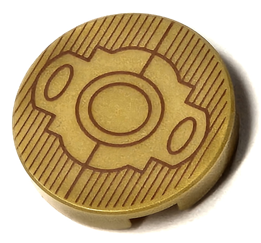 Lego Tile, Round 2 x 2 with Bottom Stud Holder with Reddish Brown Lines, Circles, and Ovals Pattern (Batman Belt Buckle)
