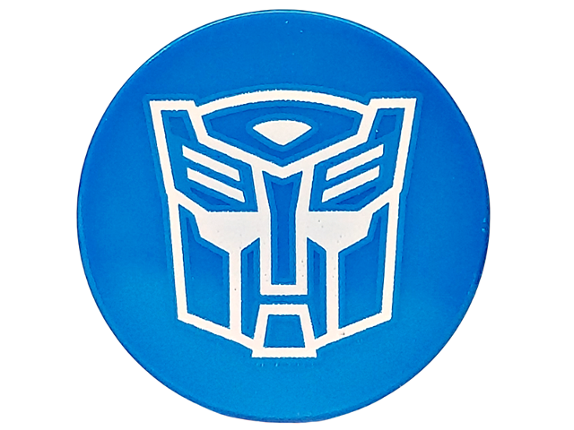 Lego Tile, Round 2 x 2 with Bottom Stud Holder with White Robot Mask Transformers Autobot Symbol Pattern (BrickHeadz Optimus Prime Robot Ear) / Blue