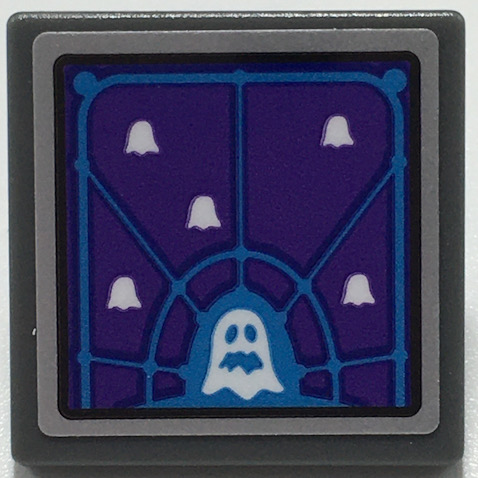 Lego Road Sign 2 x 2 Square with Open O Clip with Dark Purple Screen with Dark Azure Grid, White Ghosts Pattern (Sticker) - Set 70424