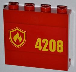 Lego Panel 1 x 4 x 3 with Side Supports - Hollow Studs with Yellow and Red Fire Logo Badge and '4208' on Right Pattern (Sticker) - Set 4208 / Red