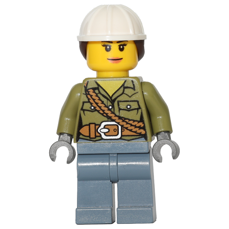 Lego Volcano Explorer, Woman, Olive Green Shirt with Rope, White Hard Hat with Hair