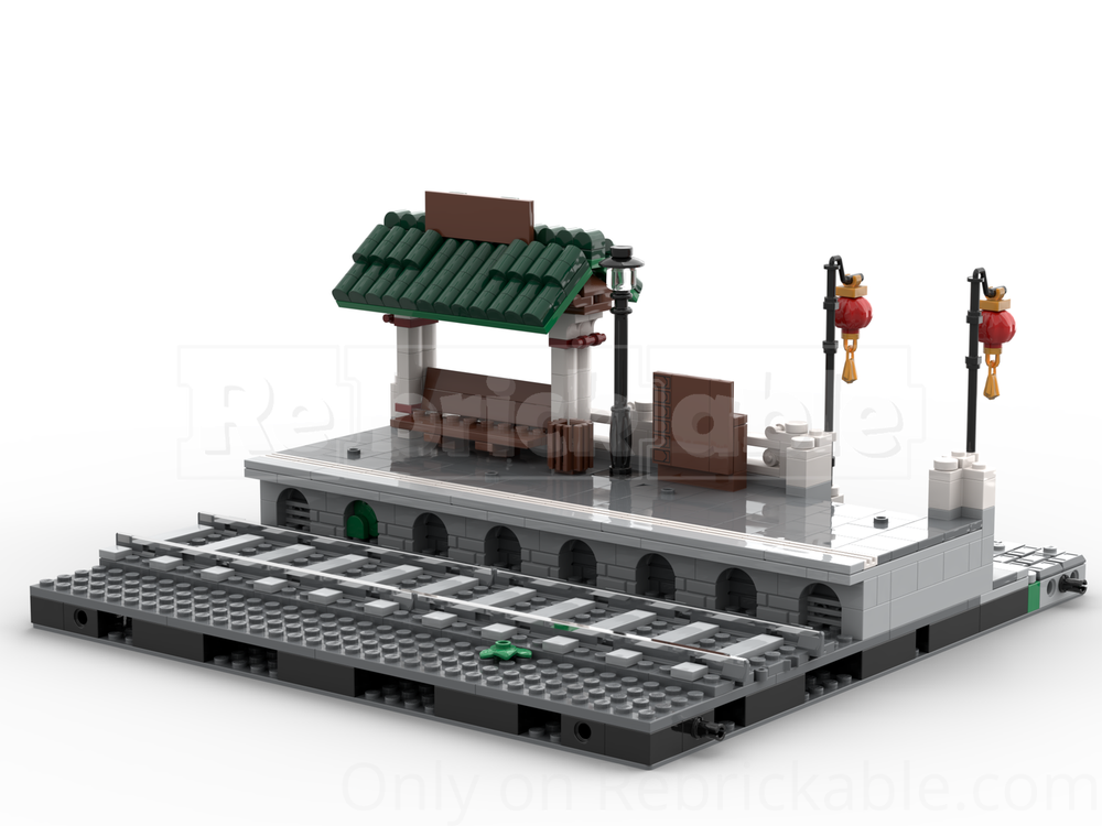 Lego modular trainstation side entrance with covered bench