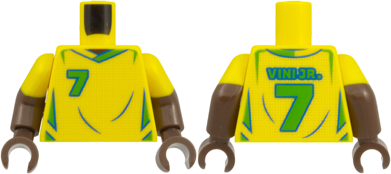 Lego Torso Soccer / Football Jersey Brazil, Mesh, Bright Green and Blue Trim, Number 7 and 'VINI JR.' Pattern / Umber Arms with Molded Yellow Short Sleeves Pattern / Umber Hands
