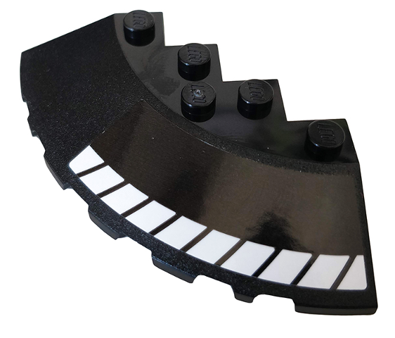 Lego Brick, Round Corner 6 x 6 with Slope 33 Edge, Facet Cutout with White Stripes Pattern Model Right Side (Sticker) - Set 76100 / Black