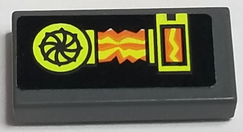 Lego Tile 1 x 2 with Lime Capacitor and Yellow and Orange Electrical Current on Black Background Pattern (Sticker) - Set 7690