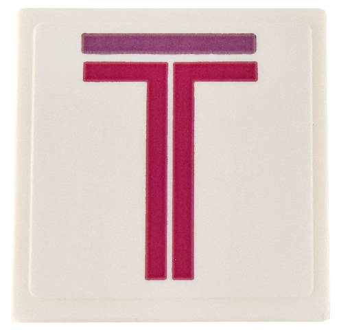Lego Road Sign 2 x 2 Square with Open O Clip with Medium Lavender and Magenta Letter T Pattern (Sticker) - Set 41732 / White